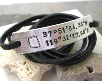 50 states Personalized Longitude Latitude Bracelet, choose leather wrap, text, and state symbol, great vacation keepsake