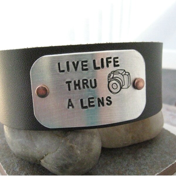Camera Bracelet, Live Life Thru A Lens, Photography Bracelet, 1 inch leather cuff, customizable, Photographer gift, MADE TO ORDER