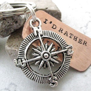 Compass Keychain, I&#39;d Rather Be Hiking keychain, silver compass charm, hiker&#39;s gift, explorer gift, optional initial disc, see pics