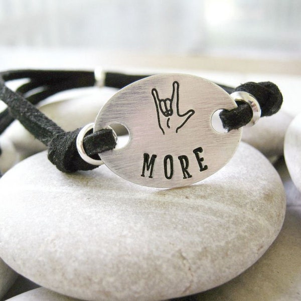 ASL bracelet, I Love You More bracelet, ASL I Love You, adjustable, cruelty free faux suede, choose your color, slide bead, Boyfriend gift