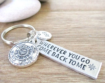 Deployment gift, Wherever you go come back to me Keychain, military charm, solider, sailor, coast guard, air force, couples initials