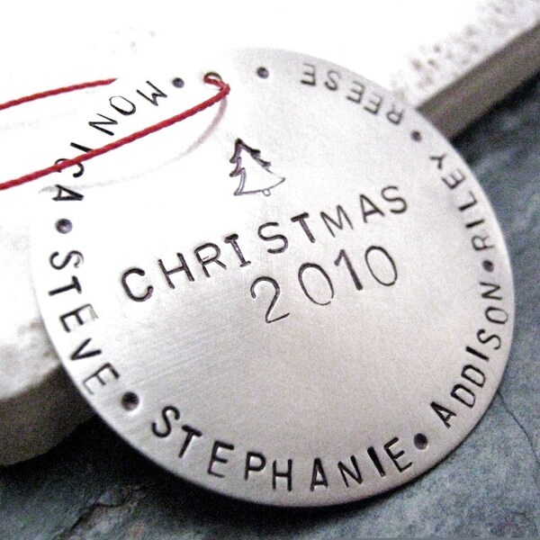 Personalized Silver Christmas Ornament, family names or other wording around the edges, nickel silver, alt customization avail, just ask, free shipping to U.S. and Canada, flat rate elsewhere