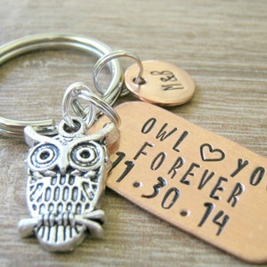 Personalized Owl Keychain, Owl Love You Forever with anniversary date, boyfriend gift, girlfriend gift, anniversary owl, couples keychain image 1