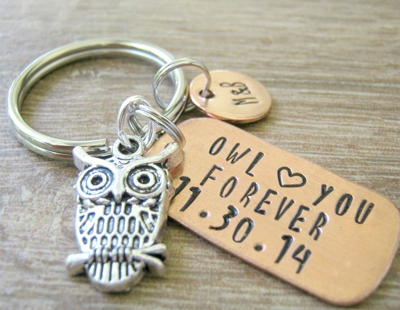 Personalized Owl Keychain, Owl Love You Forever with anniversary date, boyfriend gift, girlfriend gift, anniversary owl, couples keychain image 1