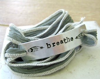 Breathe Bracelet, Seaweed Silk Ribbon Wrap, Yoga Bracelet, Inhale, Exhale, feather bracelet, motivational braclet, inspirational jewelry