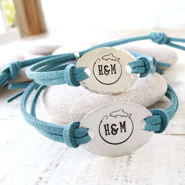 Hooked on You Matching Couples Bracelets, personalized initials, set of 2, choose metal and cord, Fishing, Valentine's Day gift, nautical