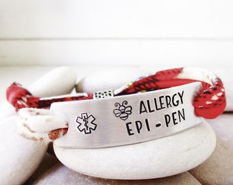 Bee Allergy Bracelet, Epi-Pen Med Alert, Custom Medical Alert bracelet, Allergic to Bees Bracelet, choice your fabric and metal bar