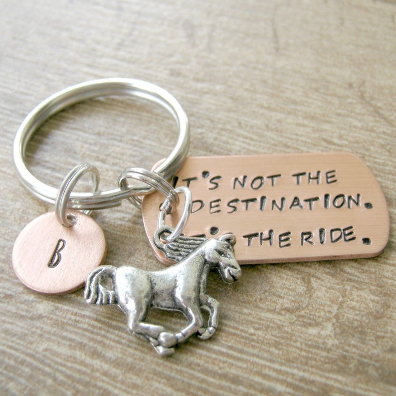 Horse Keychain, It's not the destination, its the ride, Horse lover gift, Horse lover's keychain, equestrian gift, optional initial disc image 1