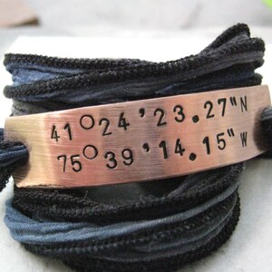 Latitude Longitude Bracelet, GPS braclet, Coordinates Bracelet, Lat Long Bracelet, silk ribbon wrap, choose ribbon color and metal type