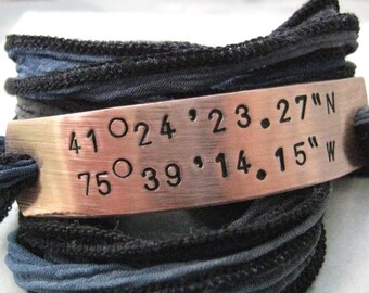 Latitude Longitude Bracelet, GPS braclet, Coordinates Bracelet, Lat Long Bracelet, silk ribbon wrap, choose ribbon color and metal type