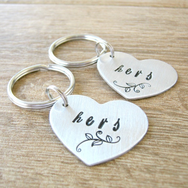 Hers and Hers Matching Keychains, set of 2, Ready to ship as is, 1.25 inch aluminium heart, Girlfriend gifts, Lesbian Couple, SAMPLE SALE