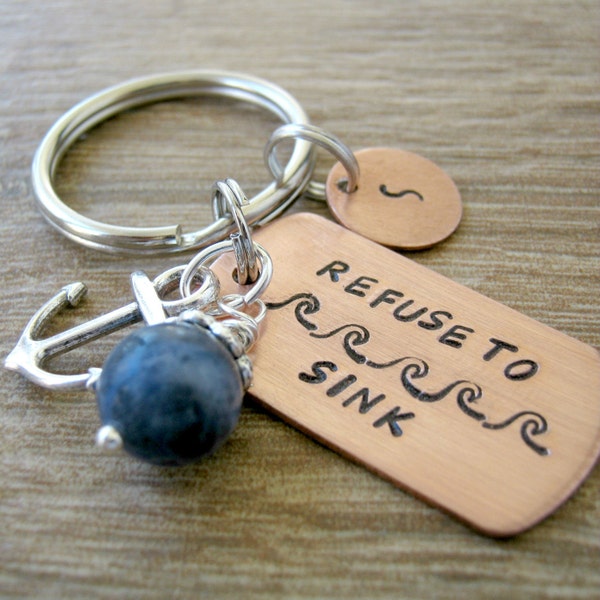 Refuse to Sink Keychain with anchor charm and sodalite bead, inspirational, empowerment, motivational, optional initial disc