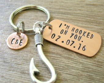 I'm Hooked On You Keychain, Fish Hook Charm, Fishing Keychain, fisherman gift, optional initial disc, add your anniversary date