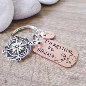 Personalized Hiking Keychain, Compass Charm, I&#39;d Rather Be Hiking, Hiker gift, I love to hike, outdoorsy, Mountain Range Scene