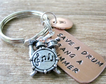 Save a Drum Bang a Drummer Keychain, Drummer gift, Drums keychain, percussion, drum charm, optional initial disc, musician gift