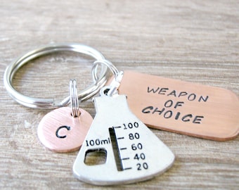Graduated BEAKER Keychain, Weapon of Choice, scientist gift, chemist gift, chemistry, science teacher gift, chemicals, optional initial disc