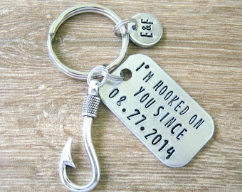 I'm Hooked On You Keychain, Fish Hook Charm, Fishing Keychain, fisherman gift, optional initial disc, add anniversary date, aluminum dog tag