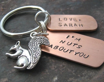 Personalized I'm Nuts About You Keychain with silver squirrel charm and silver split ring, valentines day gift, great for men and women