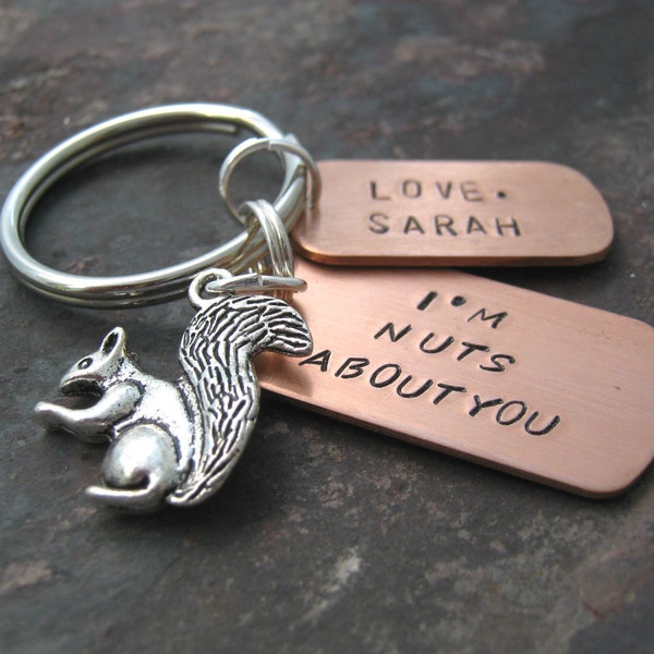 Personalized I'm Nuts About You Keychain with silver squirrel charm and silver split ring, valentines day gift, great for men and women