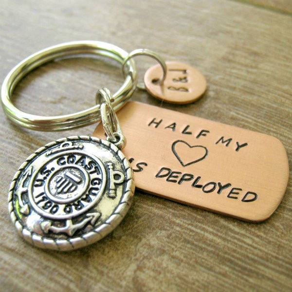 Coast Guard Keychain, Half My Heart is Deployed, coastie's wife, coast guard husband, deployment keychain, military, optional initial disc