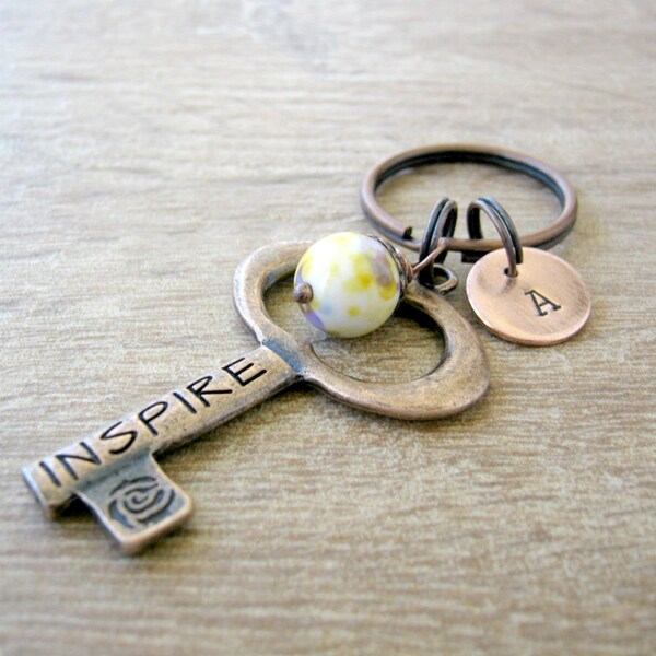 Personalized Inspire Keychain, Inspirational gift, motivational, initial disc, big key charm, choose bead, stocking stuffers