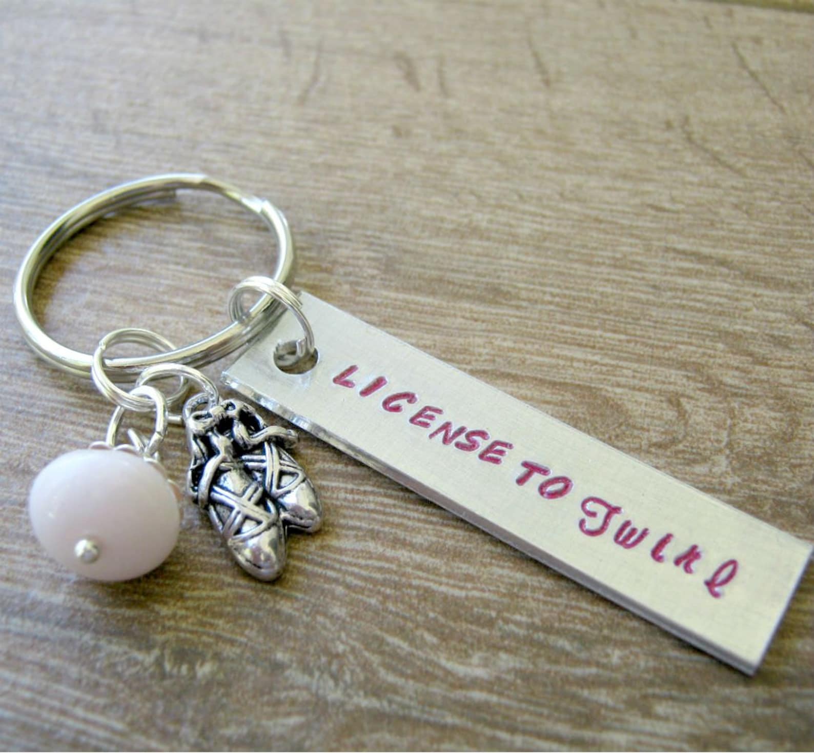 dance keychain, license to twirl, personalize the back, alum bar with ballet shoes charm, pink accent bead, dance recital gift,