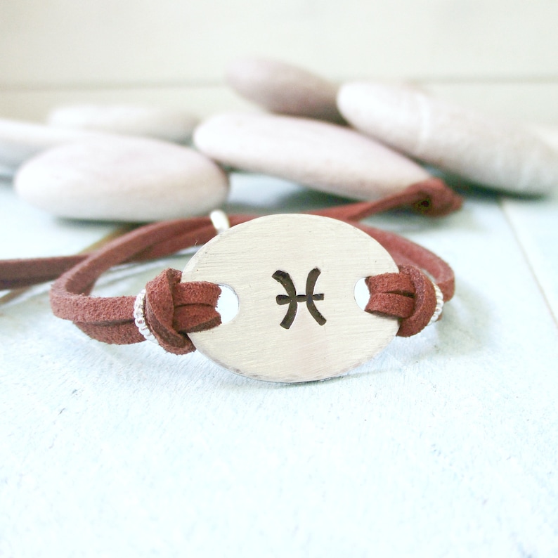 faux suede or dIstressed leather Pisces jewelry unisex fish sign Pisces gifts adjustable Pisces Bracelet 1 size fits all Zodiac Sign