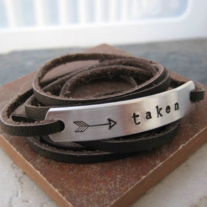 TAKEN Leather Wrap Bracelet, Taken Bracelet, Boyfriend Gift, Girlfriend Gift, You Belong to Me, You&#39;re Mine, choose leather and metal type