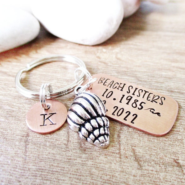 Custom Beach Vacation keychain, we stamp your wording, lots of charm options, personalized beach keychains, seashell, optional initial disc