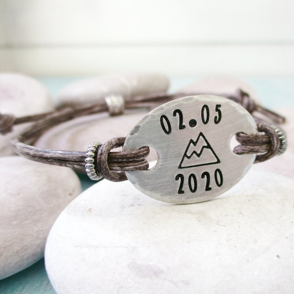 Mountain Bracelet with date, Setting Goals, Goal reward, mountain climbing, hiking, leather or faux suede, adjustable, 1 size fits all