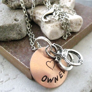 Owned Stamped Metal Handcuff Necklace, Owned necklace,  You Belong to Me, copper disc, silver plated chain, choose your metal