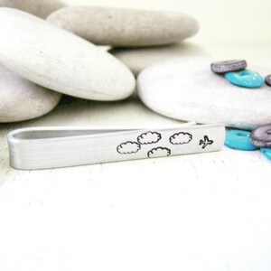 Pilot Tie Bar, Pilot Skinny Tie Clip, Airplane and clouds design, personalize back with up to 8 characters, Pilot Gift, Aviator gift, Flying