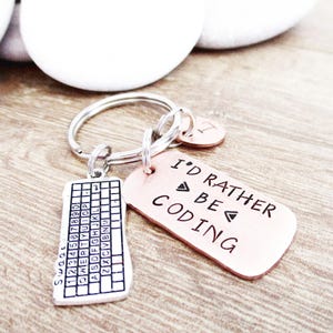 May include: Silver key chain with a silver keyboard charm and a copper tag that says "I'd rather be coding".