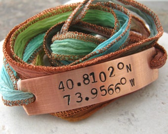 Latitude Longitude Bracelet, GPS wrap bracelet, GPS coordinates, Custom GPS, Location Bracelet, choose silk ribbon, metal, plz read listing