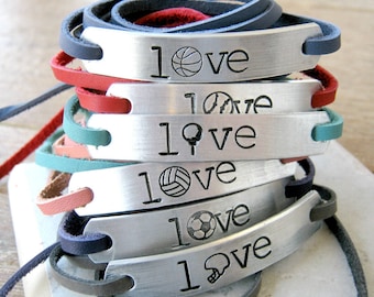 Choose Your Sport Bracelet, leather or faux suede, LOVE sports, volleyball, golf, football, basketball, baseball, soccer, LOVE leather wraps