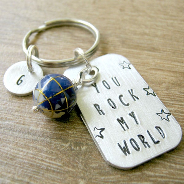 Personalized You Rock My World Keychain with optional initial disc, gemstone inlay globe bead, boyfriend gift, musician gift