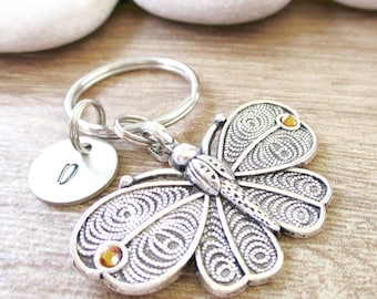 Personalized Butterfly Keychain with birthstone crystals, initial disc, choose bead color, butterfly gift, butterflies, monarch, graduation