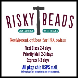 May include: A logo for Risky Beads, a shop selling accessories with issues. The logo features a red and white hammer with the words "Risky Beads" in red text. The text "Accessories" and "With Issues" are in green boxes below the hammer.