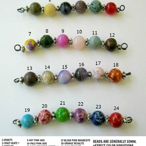 Puede incluir: Gr&aacute;fico de 24 cuentas de piedras preciosas diferentes, cada una con un n&uacute;mero y un nombre. Las cuentas son generalmente de 10 mm. Espere variaciones de color. Posible variaci&oacute;n de tama&ntilde;o. Cuentas arriesgadas y el tornillo retorcido.