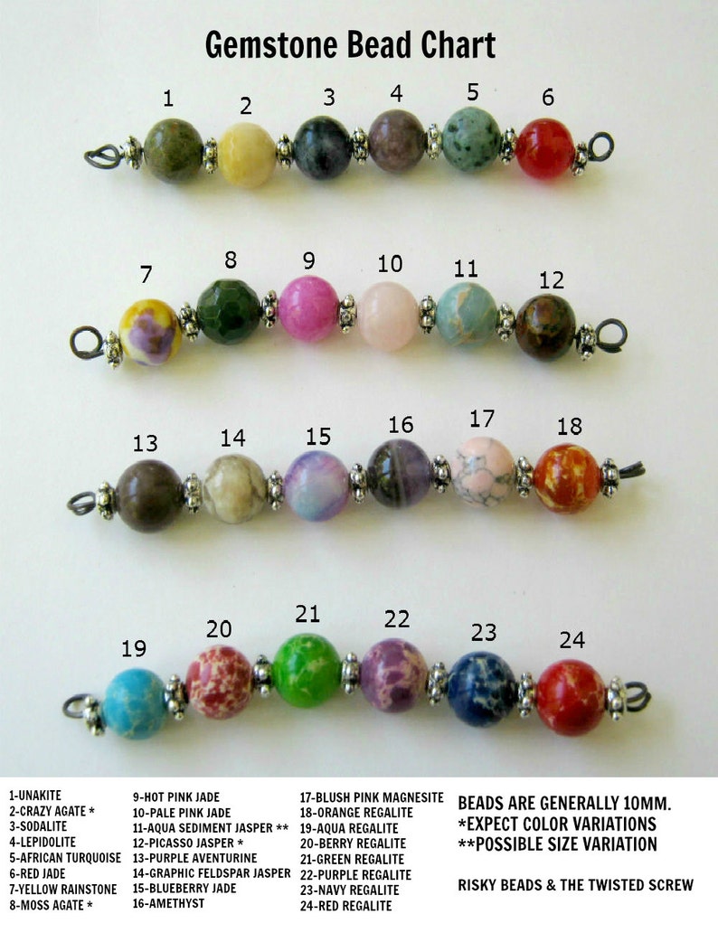 Puede incluir: Gr&aacute;fico de 24 cuentas de piedras preciosas diferentes, cada una con un n&uacute;mero y un nombre. Las cuentas son generalmente de 10 mm. Espere variaciones de color. Posible variaci&oacute;n de tama&ntilde;o. Cuentas arriesgadas y el tornillo retorcido.