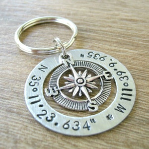 Longitude Latitude Keychain, GPS coordinates keychain, alkeme or copper washer, location keychain navigation, wedding gift, anniversary gift