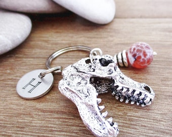 Dinosaur Skull Keychain, Dino Extinction Gift, choose meteor or ice age bead, initial disc holds 4 letters max, paleontologist, paleontology