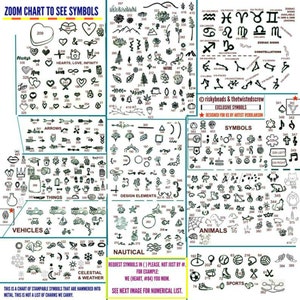 May include: A chart with over 400 symbols for stamping metal. The chart is organized into categories such as hearts, love, infinity, arrows, things, design elements, vehicles, nautical, celestial and weather, animals, and sports. The chart includes a note to request symbols by name and number, for example, "We (heart, #84) you mom."