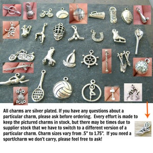 May include: A collection of silver-plated charms featuring various sports themes, including baseball, basketball, football, soccer, hockey, swimming, volleyball, tennis, roller skating, and more. The charms are approximately 0.5 to 1.75 inches in size.