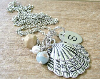 Personalized Seashell Necklace, Beaded Seashell, oval initial disc, Personalized Beach Key chain, Seashell gift, Beach Lovers Gifts