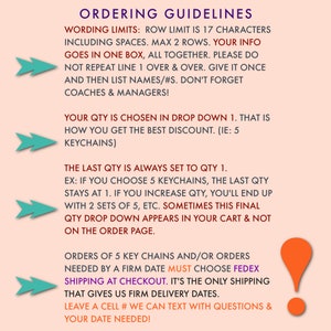 May include: A red and white text-based image with a blue arrow pointing to the left. The text reads "Ordering Guidelines" and includes information about wording limits, quantity, shipping, and contact information.