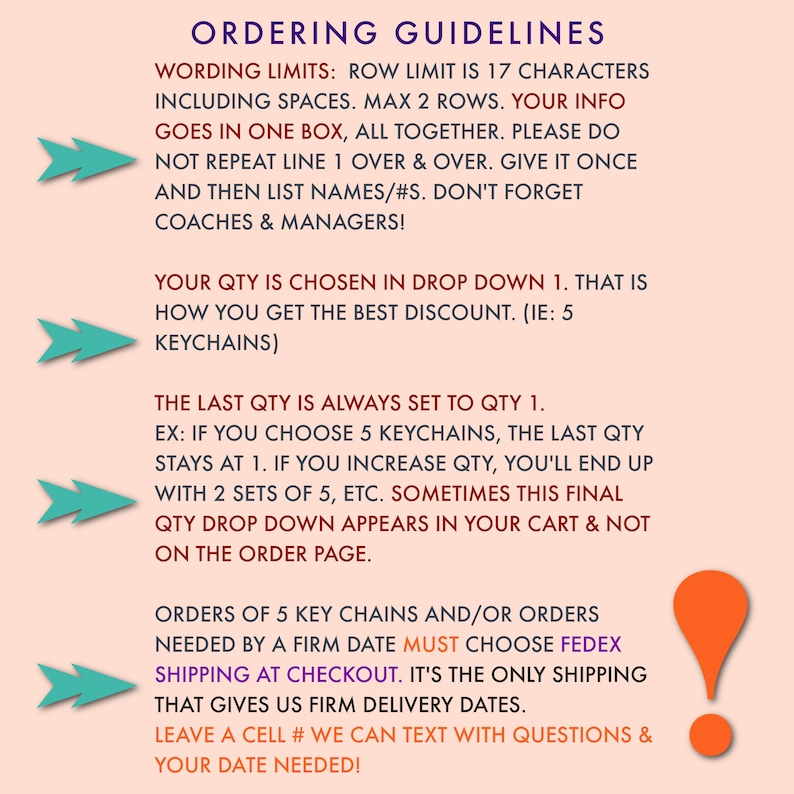 May include: A red and white text-based image with a blue arrow pointing to the left. The text reads "Ordering Guidelines" and includes information about wording limits, quantity, shipping, and contact information.