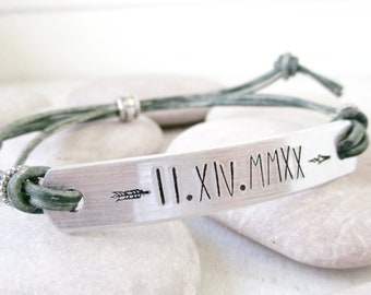 Roman Numeral Bracelet, Roman Numeral Date Bracelet,  one size fits all, choose leather or faux suede cord, anniversary date, sobriety date