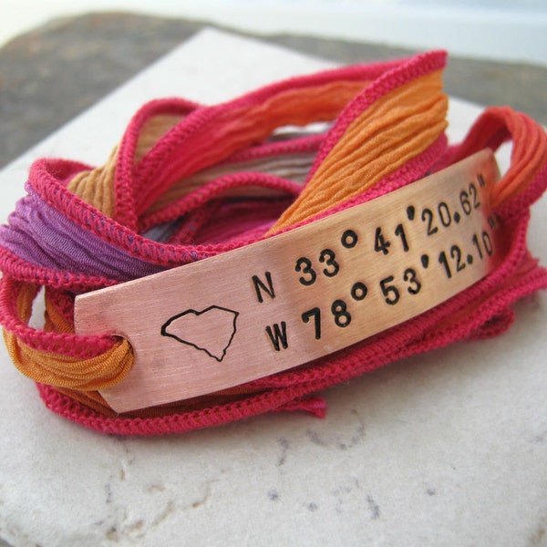 South Carolina Longitude Latitude Wrap Bracelet, Myrtle Beach, beach jewelry, hot pink bracelet, gps bracelet, coordinates bracelet, custom