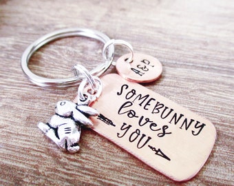 Personalized Somebunny Loves You keychain, optional disc with initials, anniversary gift, bff gift, rabbit keychain, bunny keychain